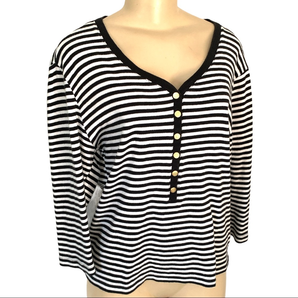 Preppy Nautical Striped Black & White V-Neck LS Tee Shirt Button Detail